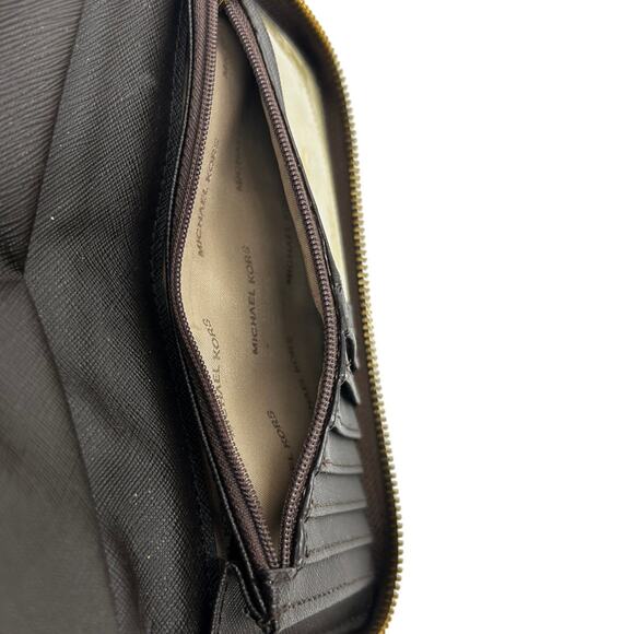 Michael Kors Brown Leather MK Logo, ID Credit Card Coin Purse with Wrist Strap - Picture 4 of 10